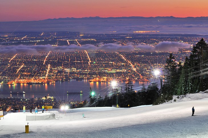 night view of vancouver at around sunset from grouse mountain ski hill